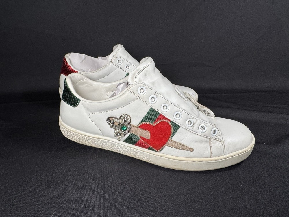 Authentic Gucci Ace Sneakers 36.5 White Sword Heart Stripe 472990 Leather Italy