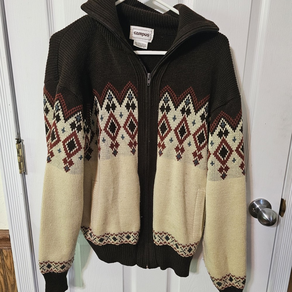 VTG 60s Campus Sweater Men's Cardigan Zip Argyle Pockets Grandpa Core L