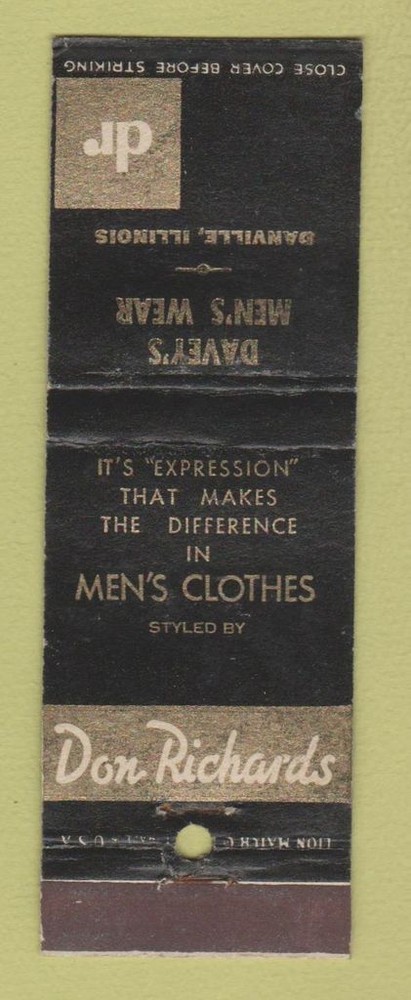 Vintage Don Richards Davey's Danville IL Men's Clothing Matchbook Cover