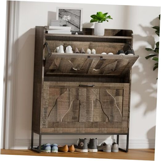 Shoe Cabinet with 2 Flip Drawers, Narrow Shoe Storage Cabinet for Entryway,