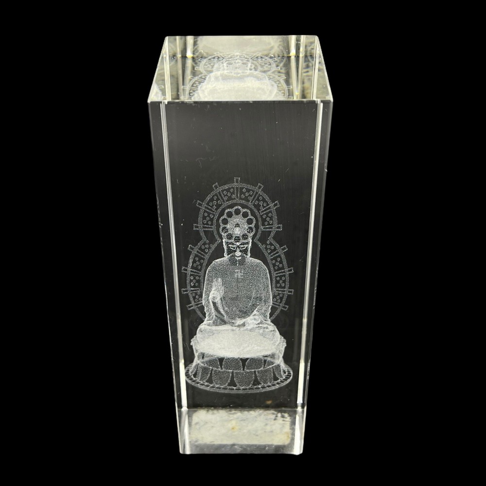 Vintage Crystal Glass Buddha Paperweight Laser Etched 3D Meditation 5 3/4