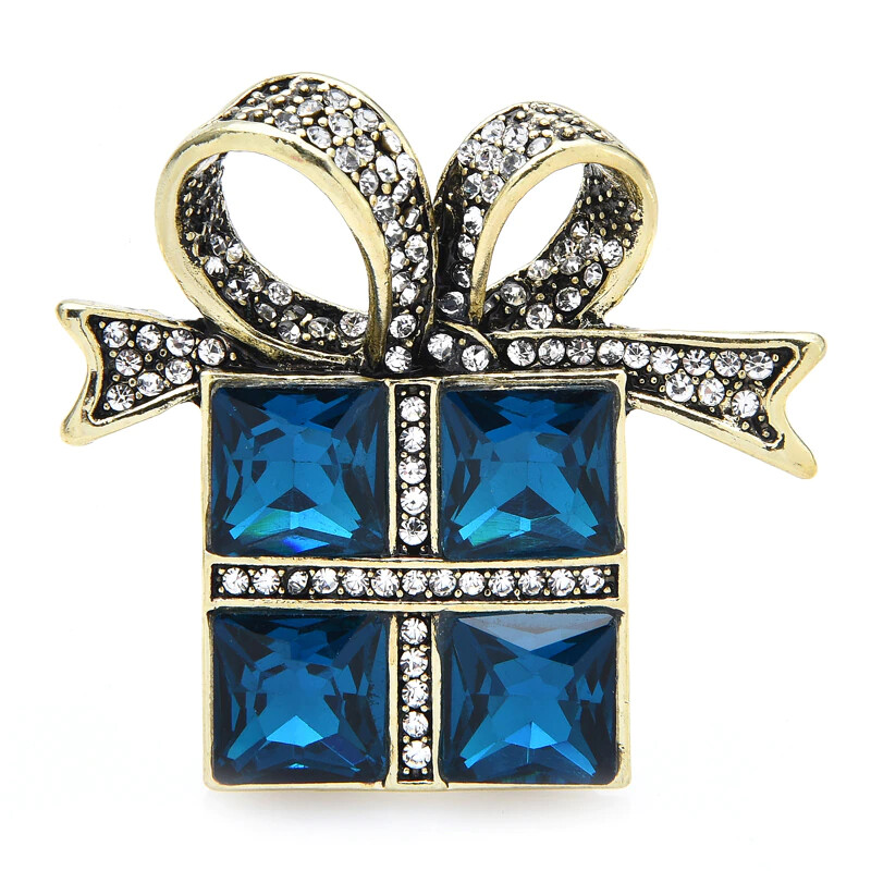Vintage Gift Box Crystal Rhinestone Blue Bowknot Brooch Pin and Gold Bag - VIDEO