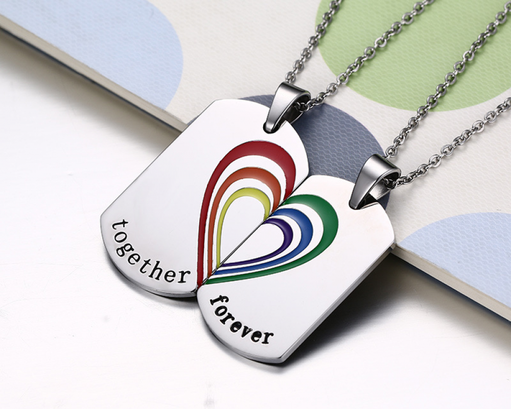 Rainbow Love TAG Stainless Steel Couple Pendant Necklace Pride Jewelry Gift Pair