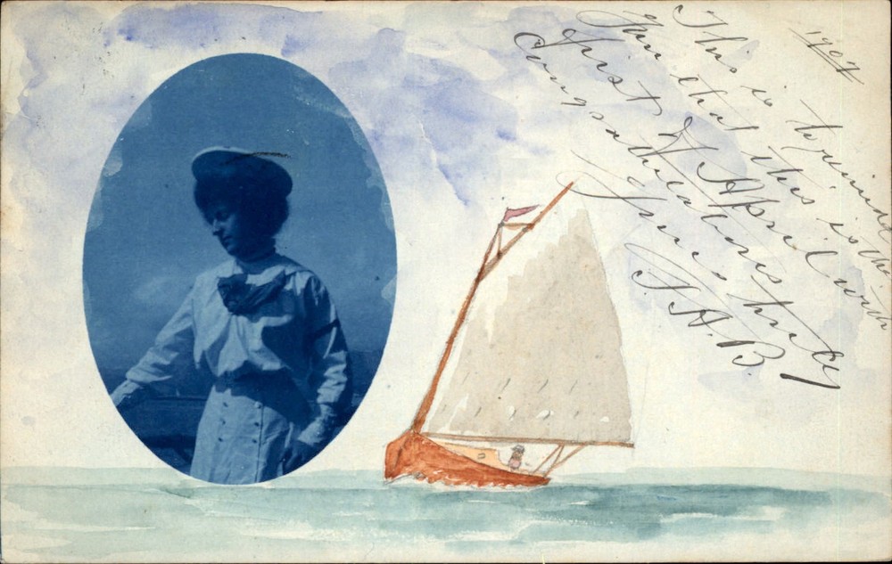 Santa Monica CA STUNNING Cyanotype Woman HANDMADE Painted Boat RPPC Postcard