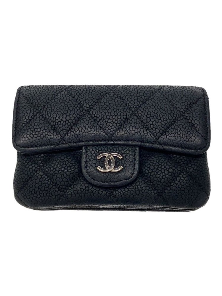 Authentic CHANEL Card Holder / Coin Purse Matelassé Caviar Leather Black Used