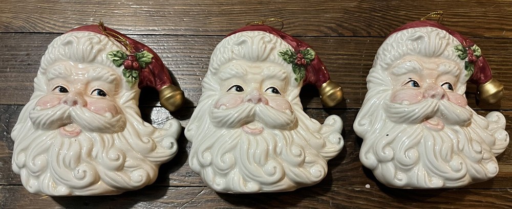 Vintage Set Of 3 Ceramic Santa Clause Christmas Tree Ornaments