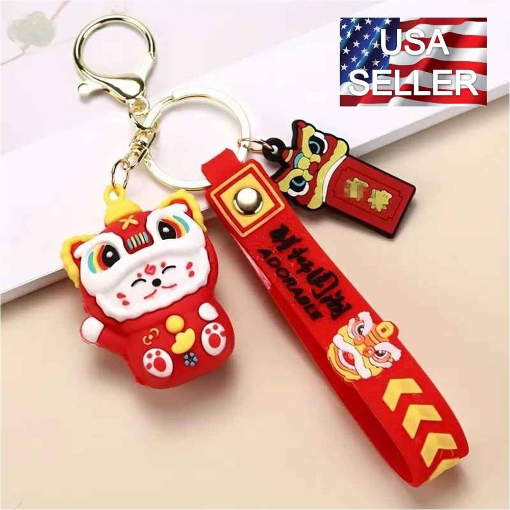 Good Luck Kitten Dancing Red Dragon Keychain Chinese Lunar New Year - USA Seller-image