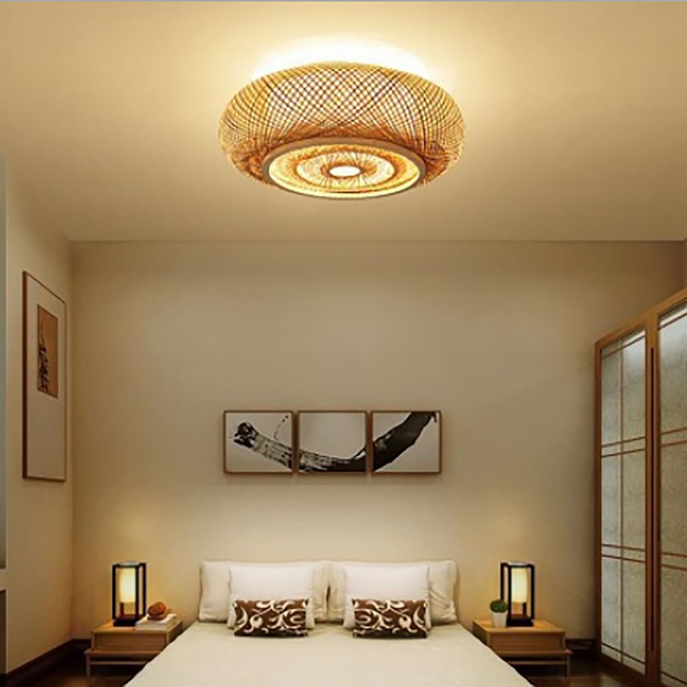 Rustic Bamboo Ceiling Light Art Pendant Lamp Drum Shape Wicker Rattan Fixture US