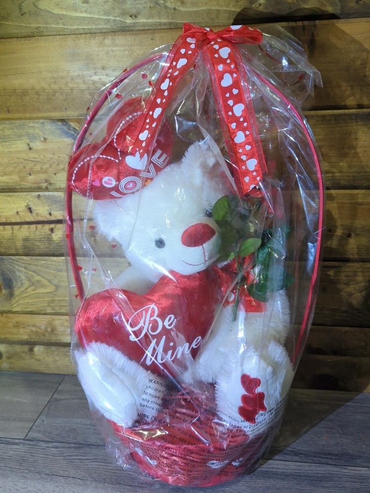 Valentines Day Big White Plush Love Heart Bear in Gift Basket with Rose Be Mine