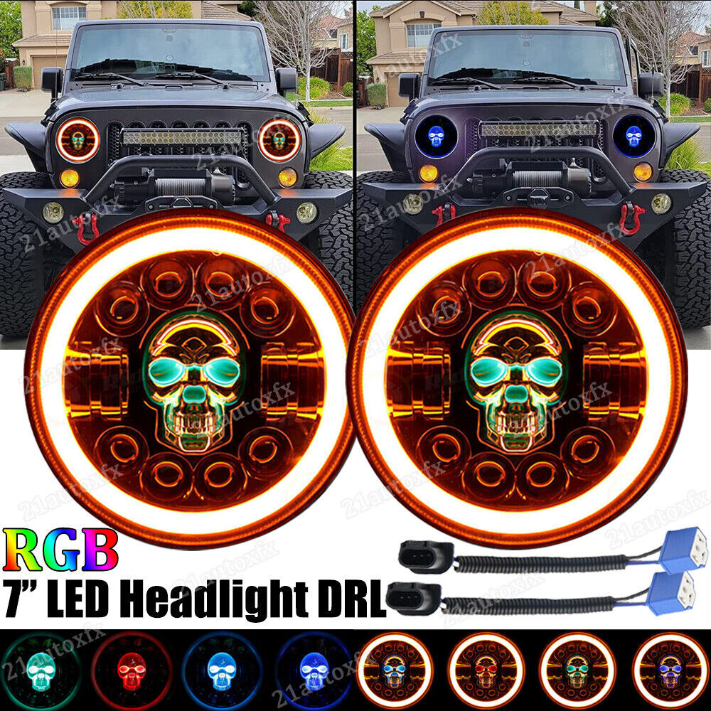 RGB Skull 7'' Inch LED Headlights Halo Angle Eyes For Jeep Wrangler JK LJ CJ JKU
