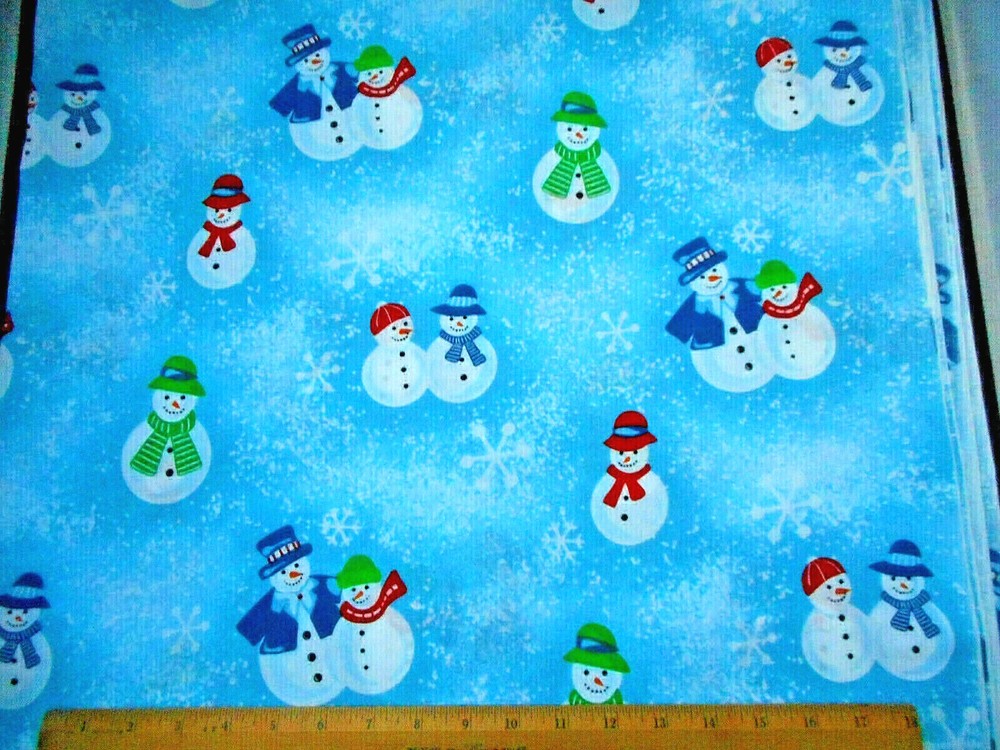 Christmas Snowman Family Fabric - Blue Cotton with Snow Design #55
