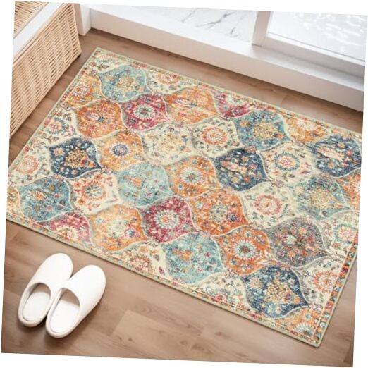 Moroccan Trellis Washable 2x3 Kitchen Rug in Cream Multi