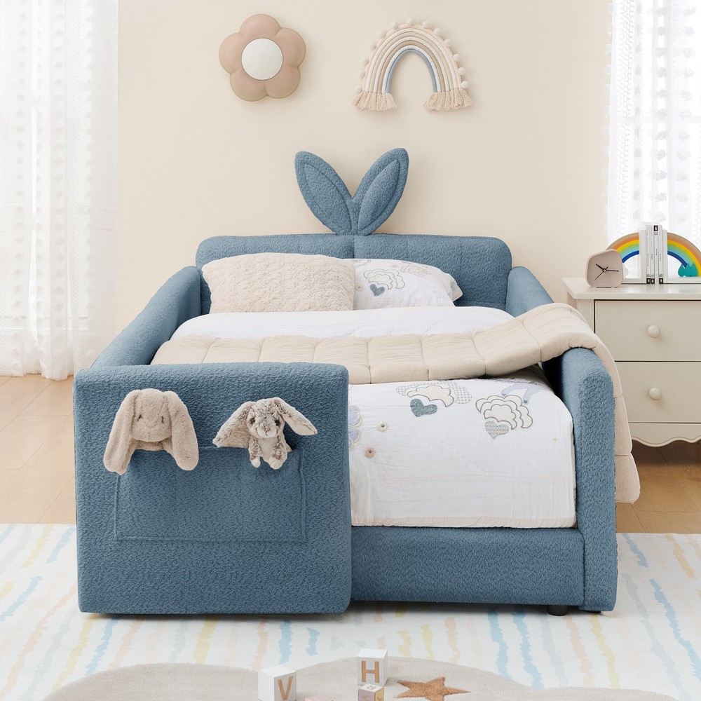 Kids Upholstered Wooden Platform Bed with Rabbit Design - Single Size