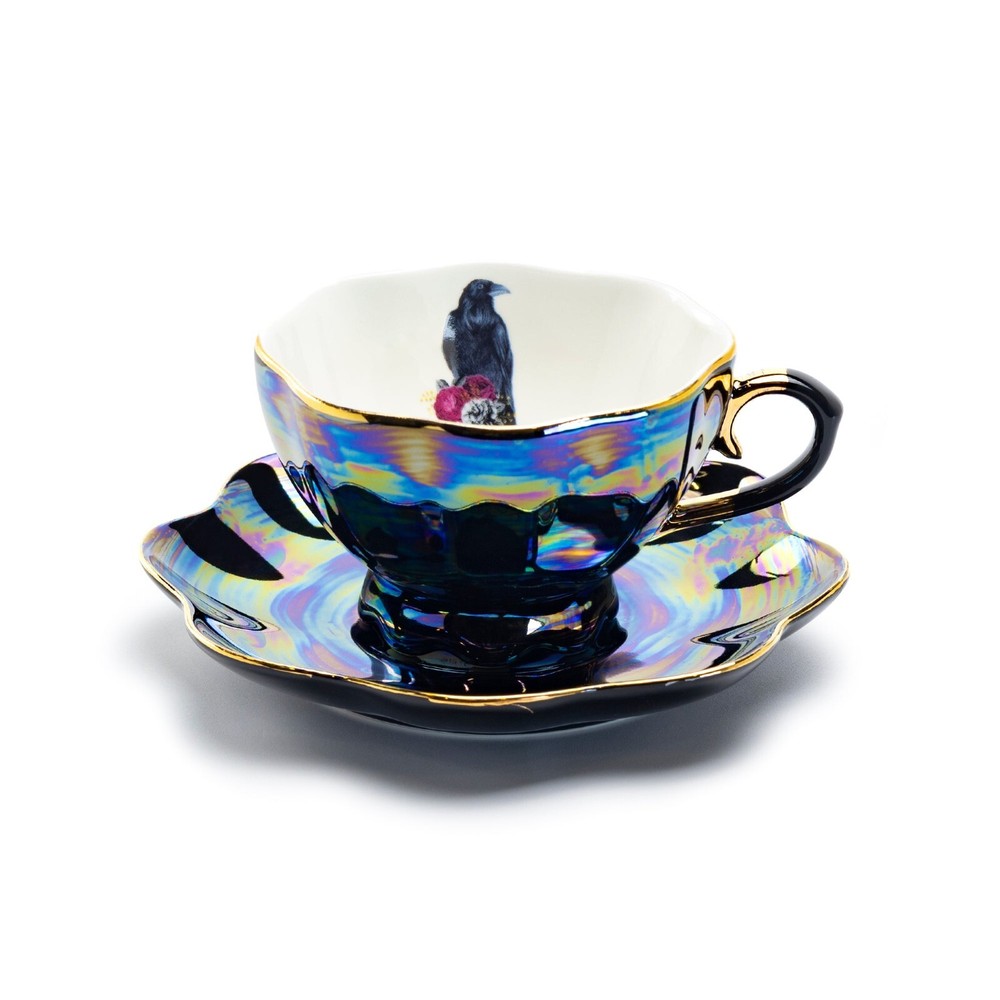Grace Teaware Crow with Red Roses Black Gold Luster Tea Cup and Saucer