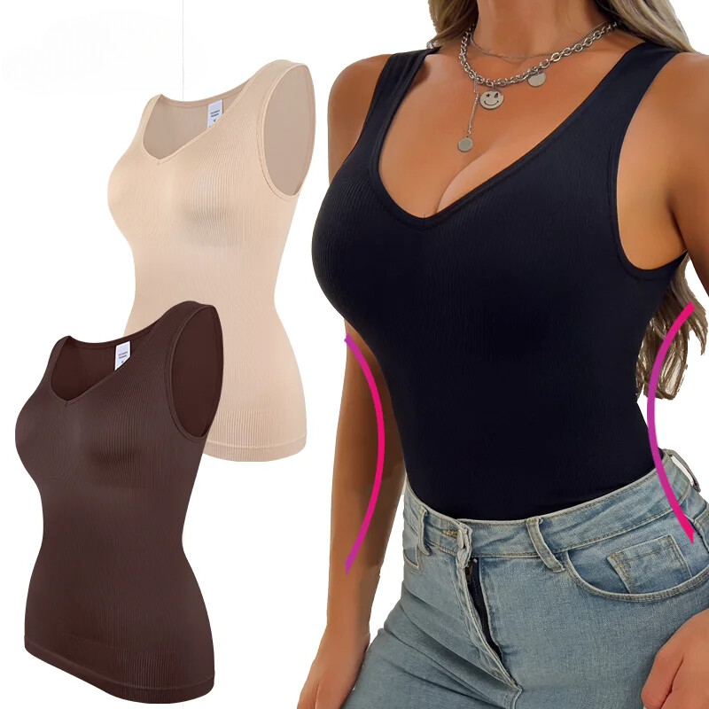 Women Shirts Sleeveless Body Shaper V Neck Compression Tank Tops Underwear New