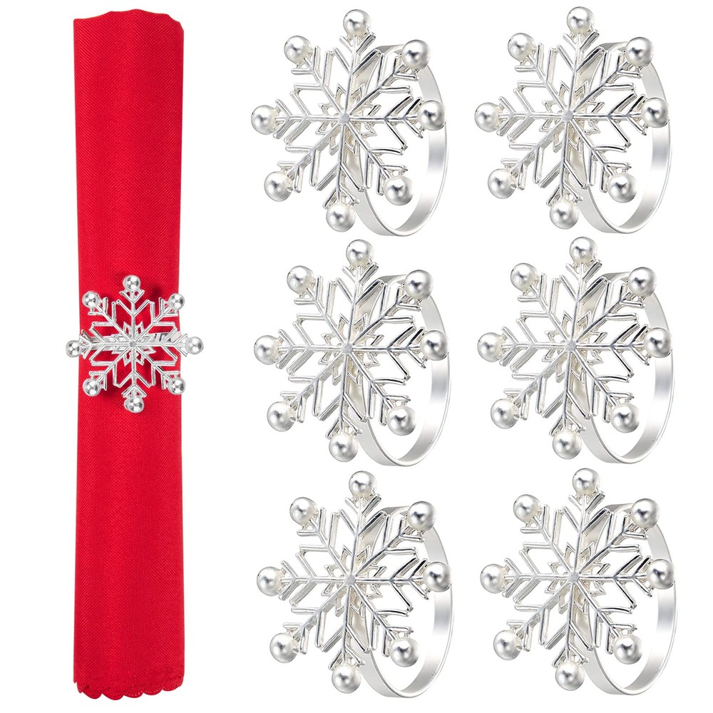 Set of 6 Christmas Napkin Rings- 8 Petal Snowflake Napkin Holder Rings Silver...
