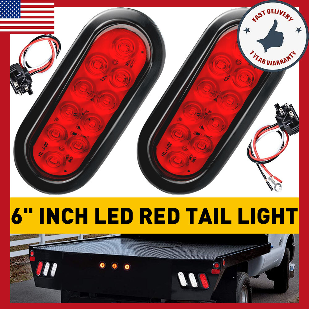 2-Pack 6 Inch Oval Red LED Backup Reverse Tail Trailer Lights with Grommet Plug  