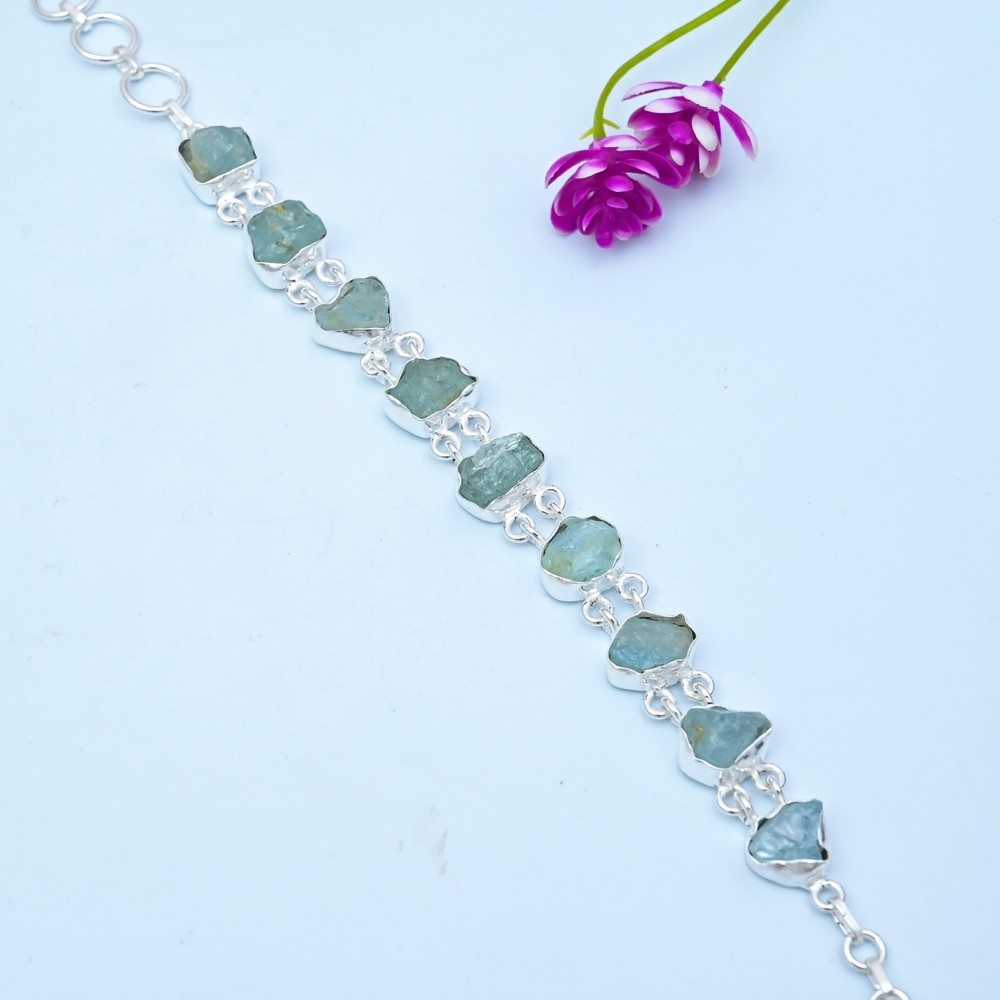 Natural Raw Aquamarine Bracelet in 925 Sterling Silver Jewelry Gift