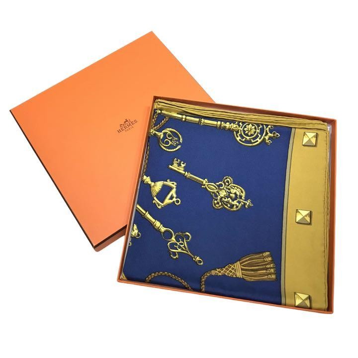 Hermes 90cm Silk Scarf Key Pattern Blue Gold Luxury Made in France