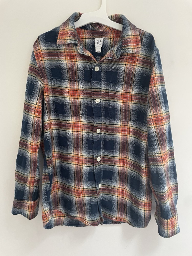 Gap Kids Boys Orange Plaid Flannel Collared Long Sleeve Button-Up Pocket Shirt L