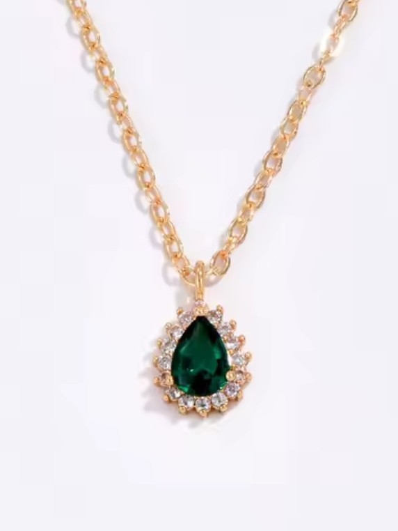 Gold-Tone Teardrop Pendant Necklace with Emerald Accent