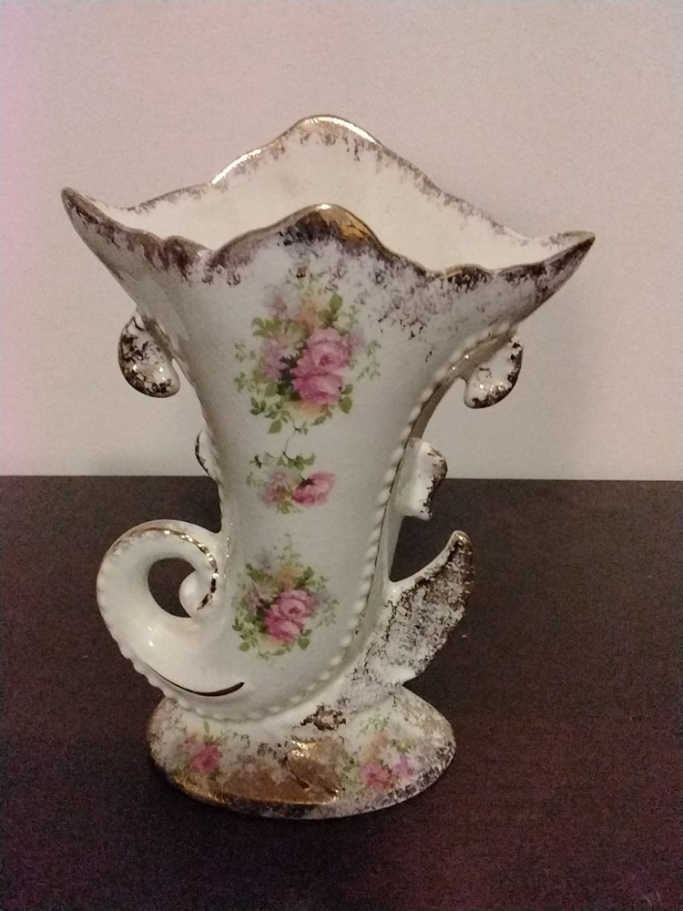 Vintage Moss Rose French Wedding Pedestal Vase with Gold Trim Floral Decor