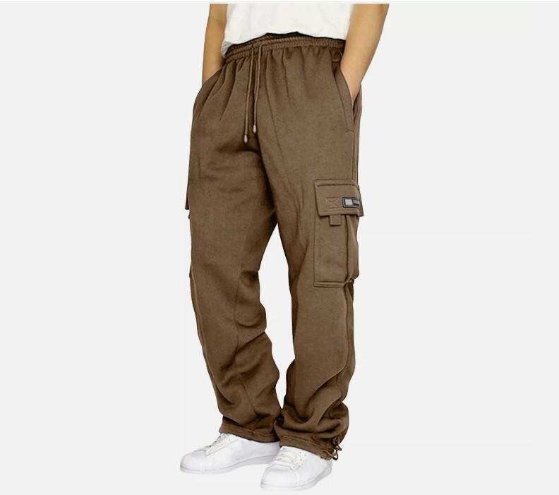 Men's Faux Fleece Lined Cargo Sweatpant Open Bottom Straight Leg Casual Trousers
