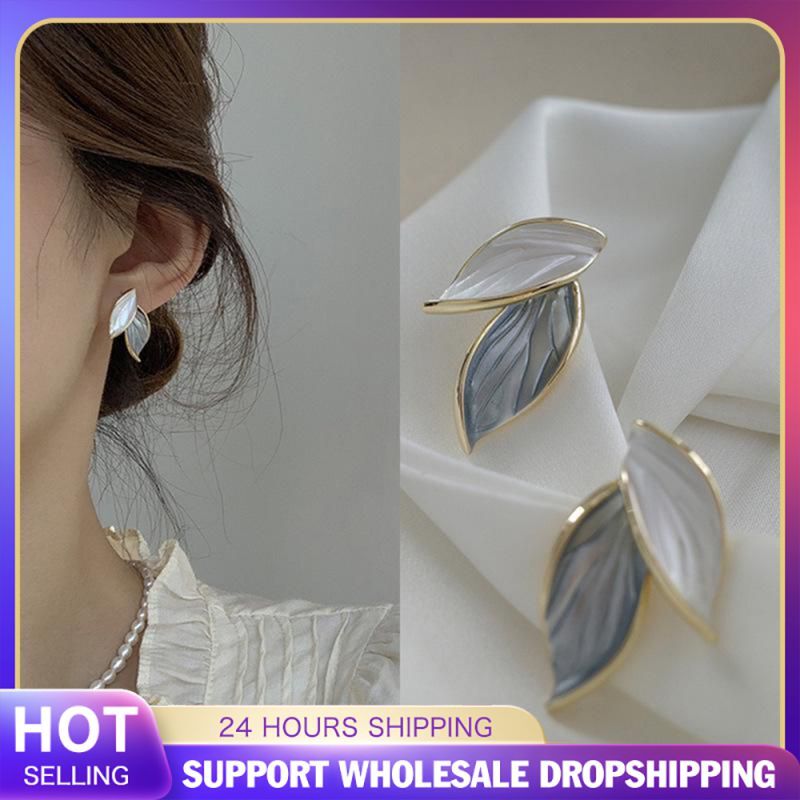Elegant White & Grey Korean Leaf Stud Earrings for Women  