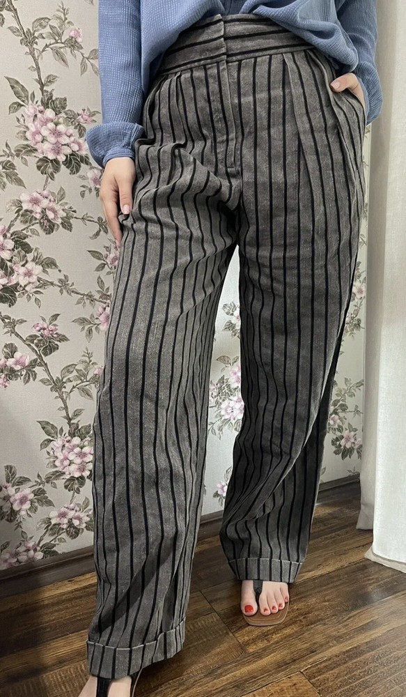 Sonia Rykiel Linen Pants Wide Leg Long Striped Linen Resort Trousers 40