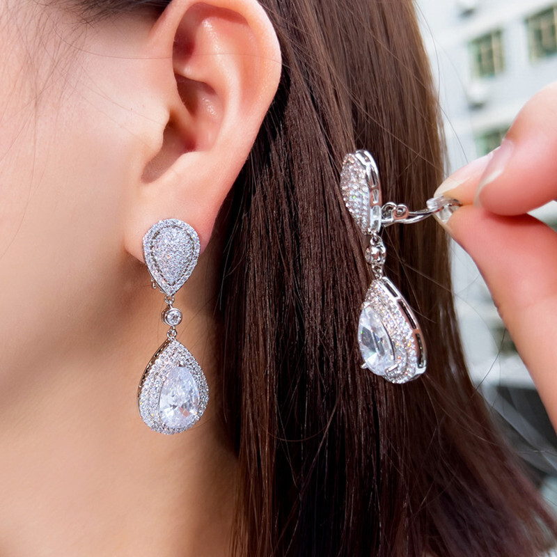 Elegant Cubic Zirconia Long Water Drop Non Pierced Clip On Earring Silver Plated
