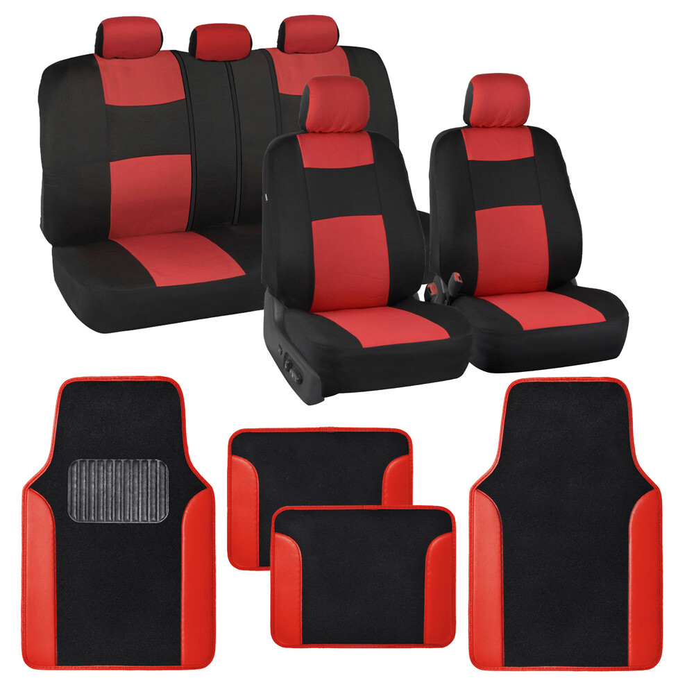 Red Two Tone Car Truck SUV Seat Covers Full Set & Heavy Duty Carpet Floor Mats