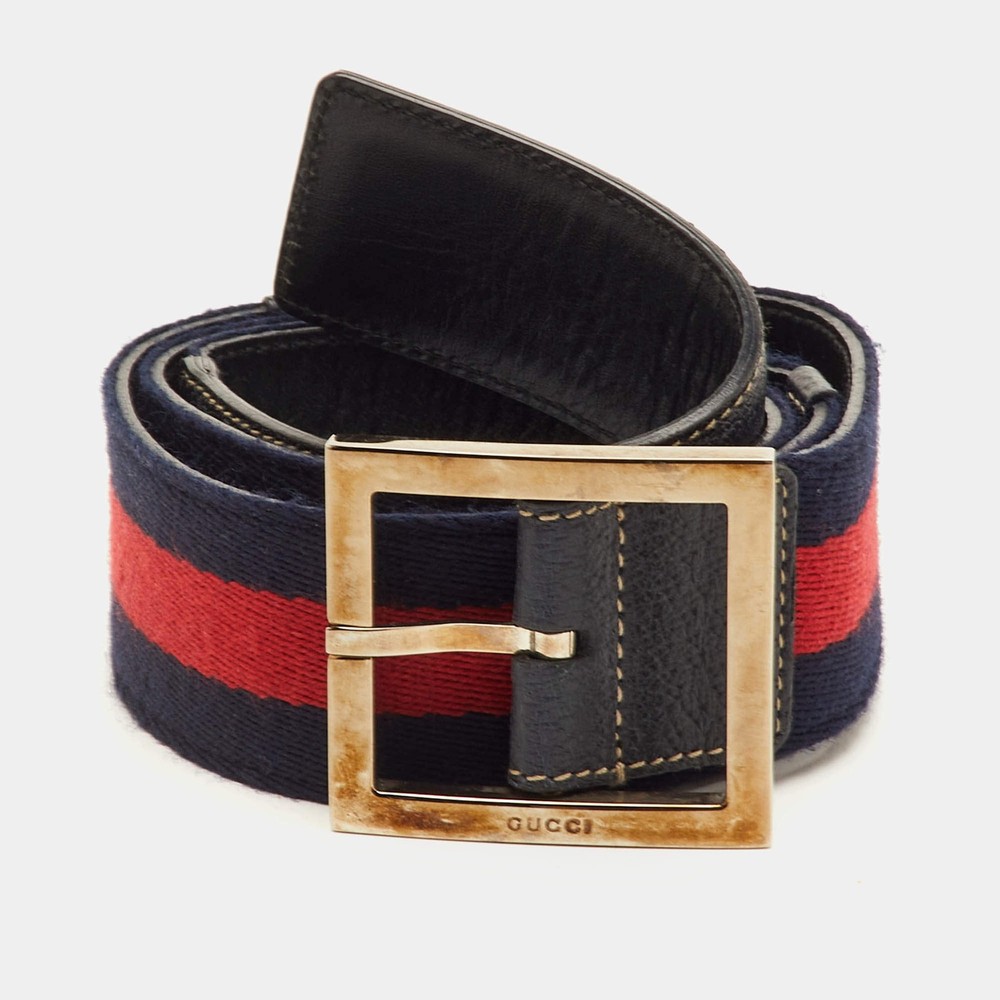 Gucci Navy BlueRed Leather and Web Stripe Buckle Belt 85CM