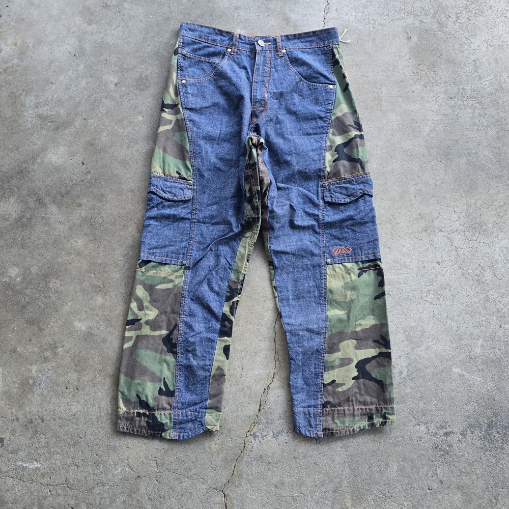 Vtg Y2K MacGear Baggy Rave Skate 90s Cargo Denim Jean Camo Pants RARE 34 Jnco