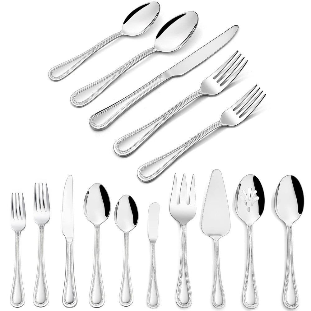 65-Piece Silverware Set with Serving Utensils, Stainless Steel Flatware Servi...