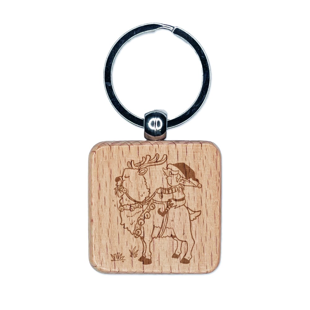 Christmas Elf Riding Hungry Reindeer Engraved Wood Square Keychain Tag Charm