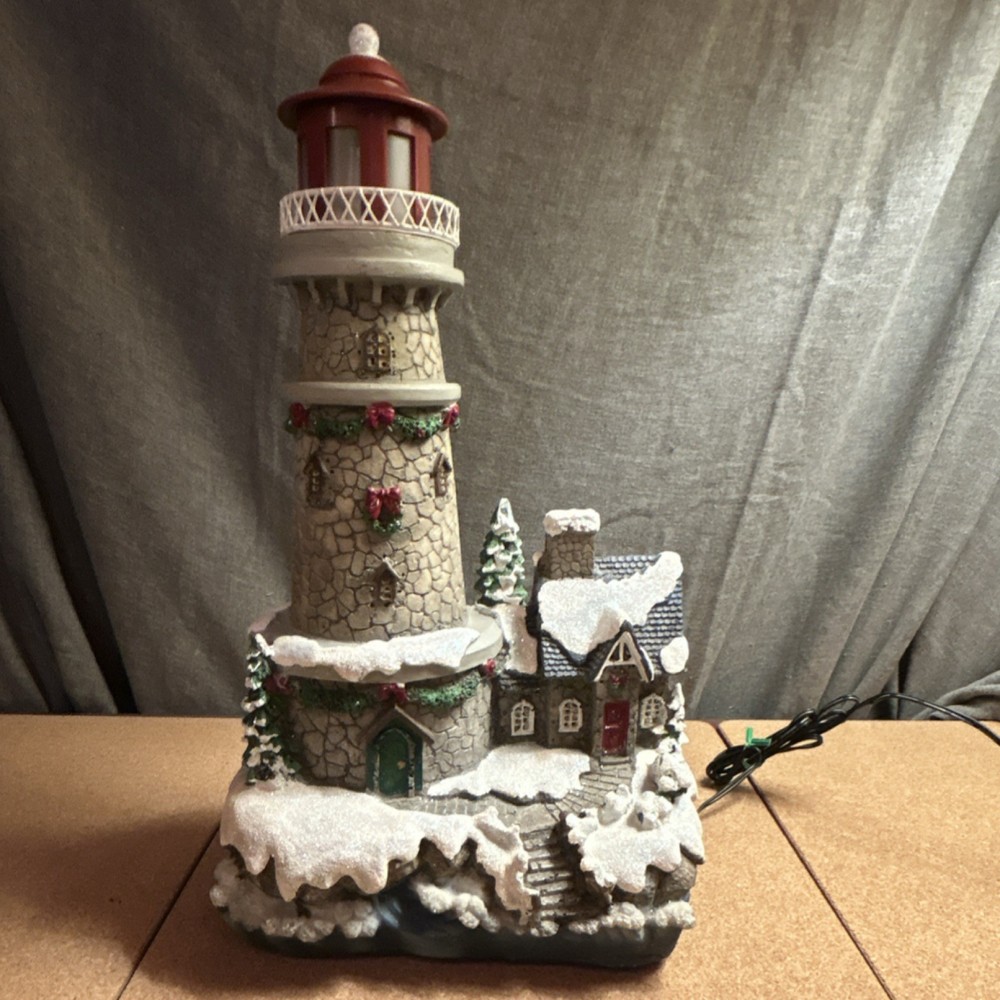 Illuminated XMAS Lighthouse Village House W Moving Light Painted Resin 13