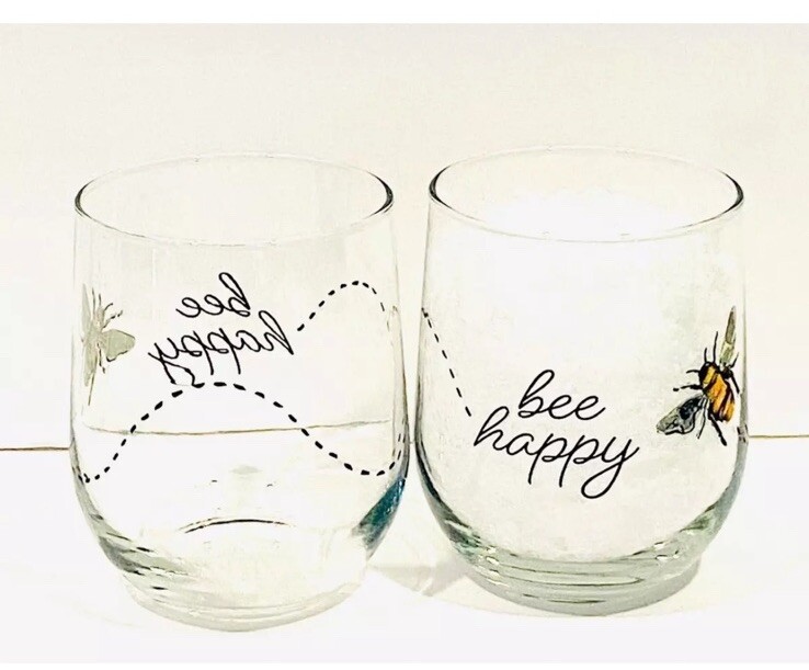 Set of 2 Royal Norfolk Greenbrier 16oz Bee Happy Stemless Seasonal Wine Glasses