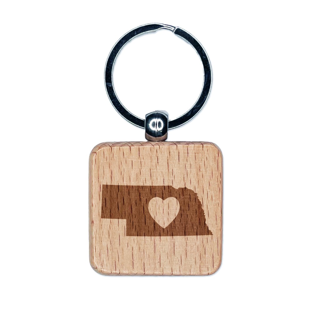 Nebraska Wood Keychain with Heart Engraving Charm