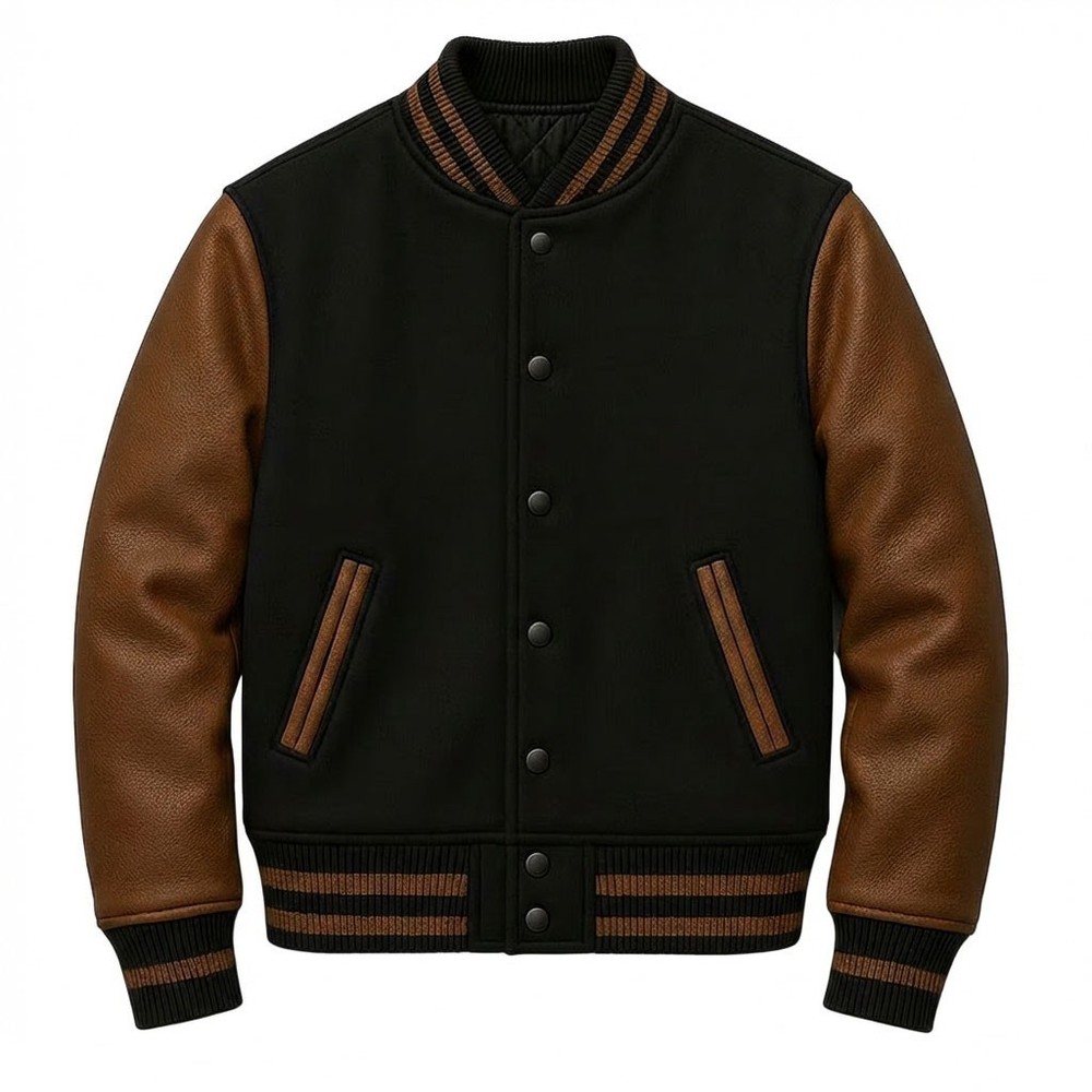 Men Black & Brown Varsity Leather Jacket Classic Leather Sleeve Letterman Style