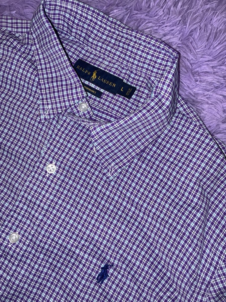 Ralph Lauren Men's Dress Shirt Purple White Check Long Sleeve Button-Down L