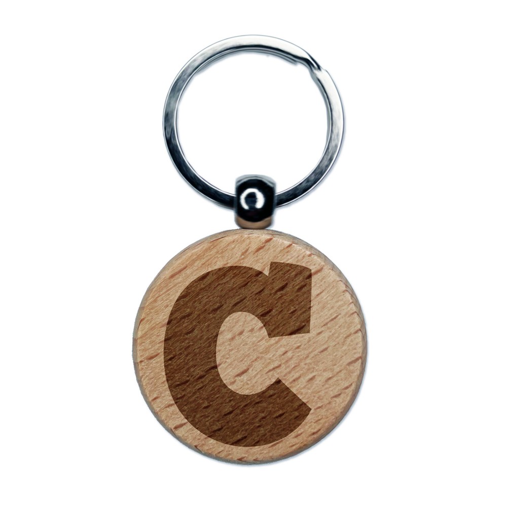 Letter C Uppercase Fun Bold Font Engraved Wood Round Keychain Tag Charm