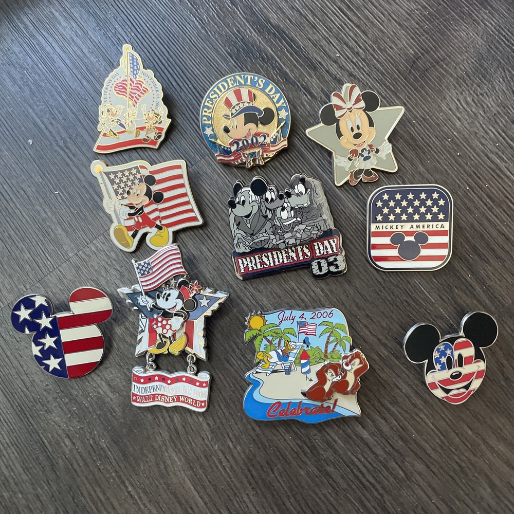 Disney Pin Patriotic Flag Lot Of 10 July Veteran President Mickey Minnie America