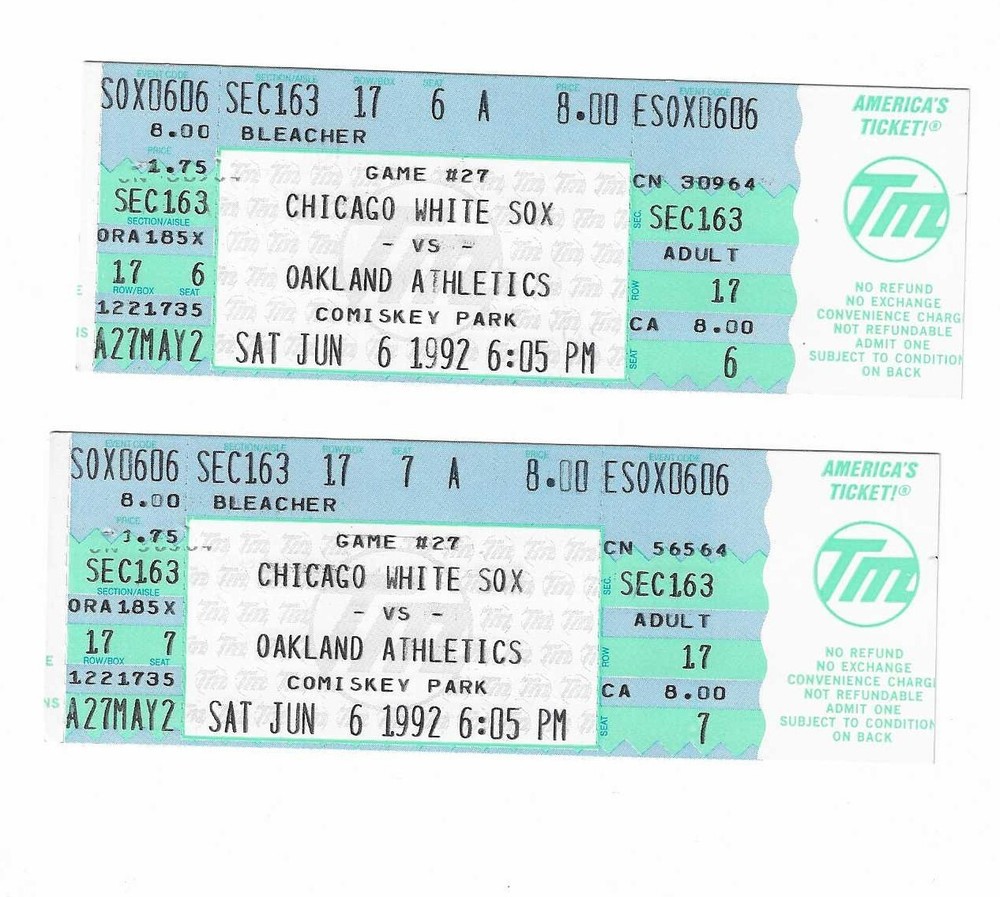 Chicago White Sox vs Oakland A's unused Baseball Tickets from 6/6/1992
