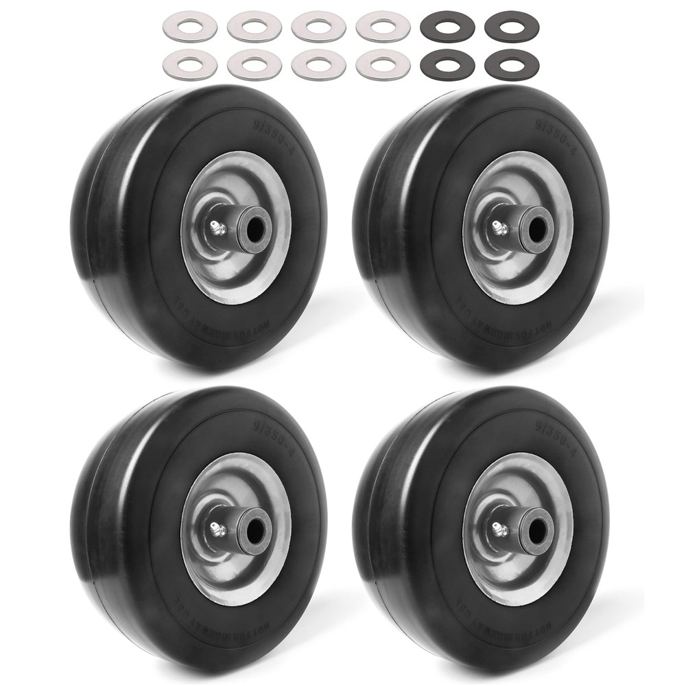 4-Pack 9X3.50-4” Flat Free Lawnmower Tire with 4 Centered Hub 3/4 Bushings