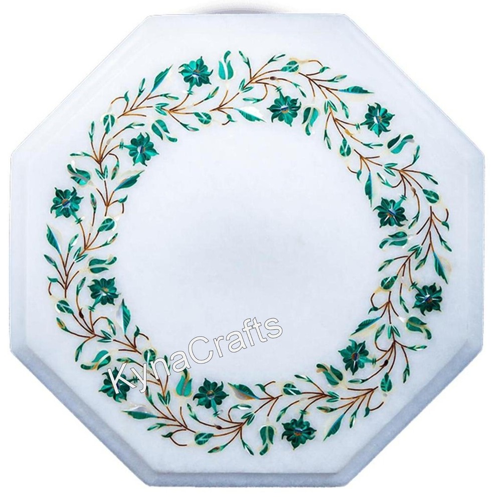 White marble coffee table with malachite gemstone inlay for office or living room  