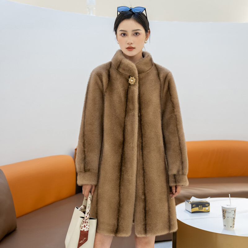 2023 Winter Women's Thick Mink Fleece Fur Coat with Standing Collar