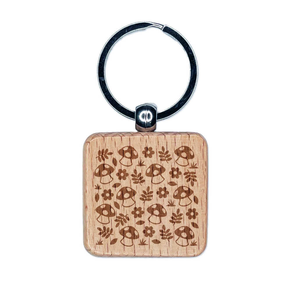 Mushroom Flower Engraved Wooden Square Keychain Charm  