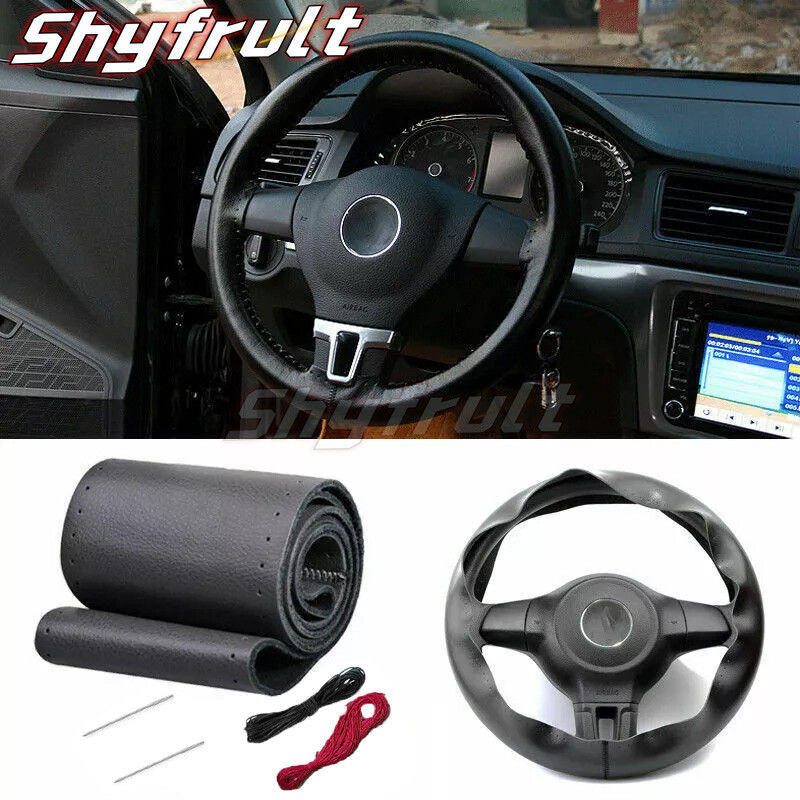 Universal Black Anti-Slip Leather DIY Steering Wheel Cover for 15