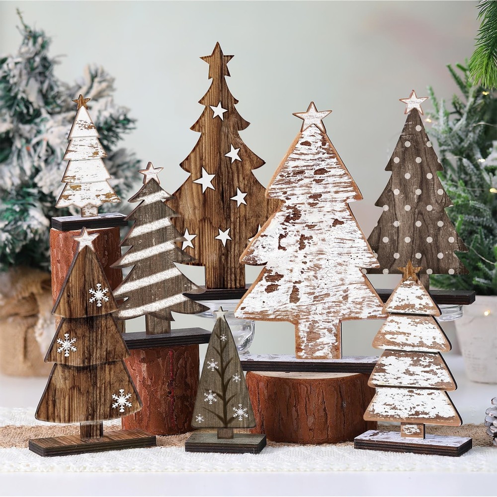 8 Pcs Wooden Christmas Trees Tabletop Decor Rustic Christmas Decor Wooden Tre...