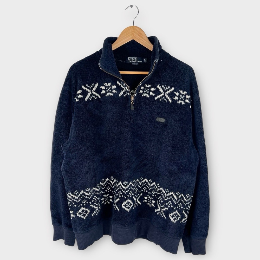 Polo Ralph Lauren Nordic Fleece 1/4 Zip Pullover XL Navy USA Made Snowflake VTG
